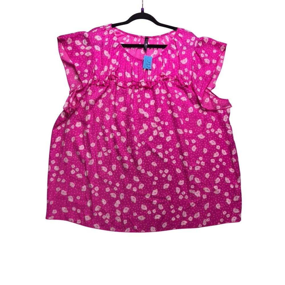 Glitzy Girlz Ruffle Blouse Women 3X Pink Floral Flutter Sleeve VT28292PLUSGG